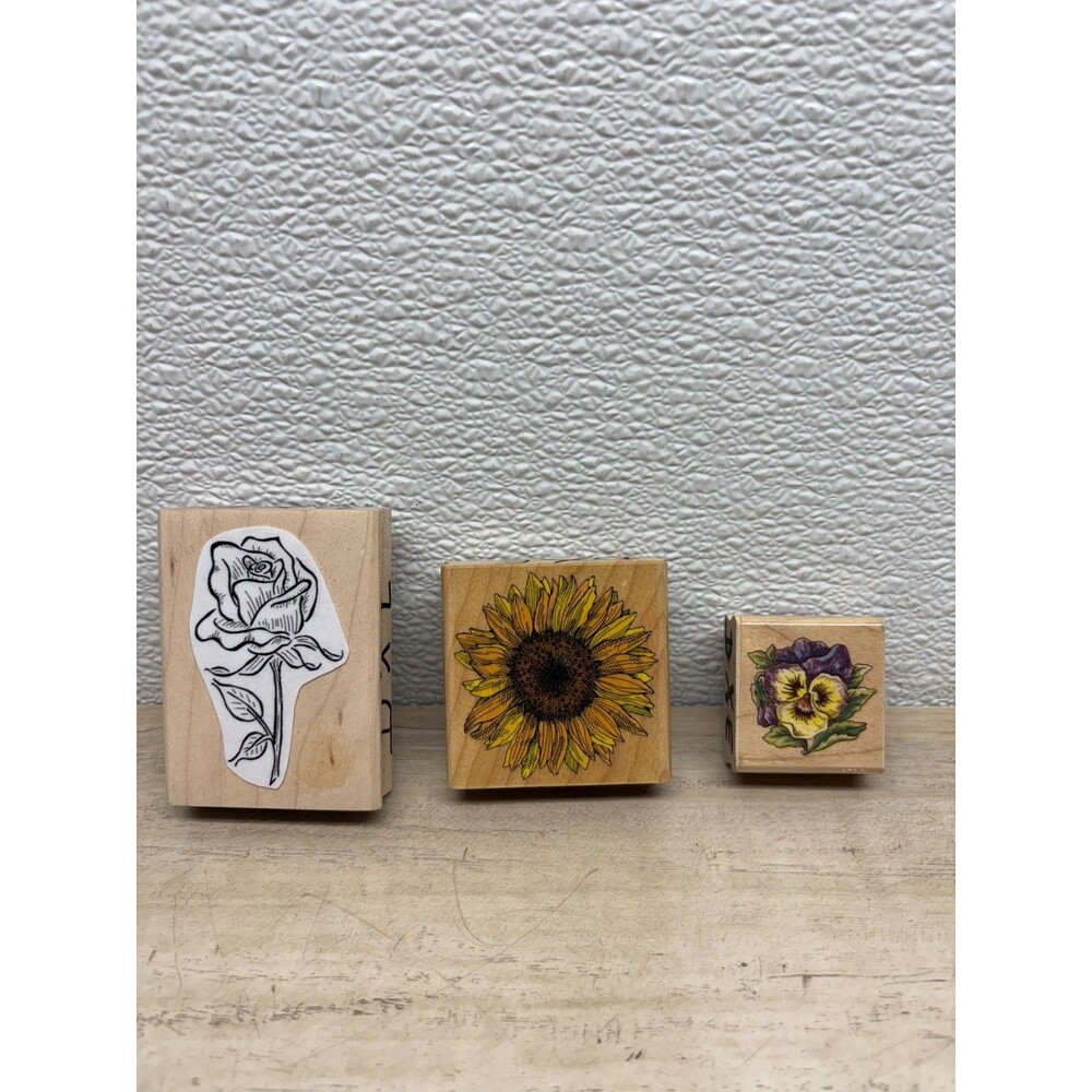 Set Of 3 Mixed Brands Wood Mounted Rubber Stamps Flowers